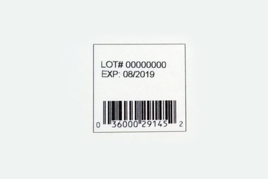 paper barcode label with lot number and expiration date