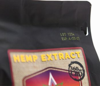 hemp extract CBD pouch with yellow ink of lot number and expiration date